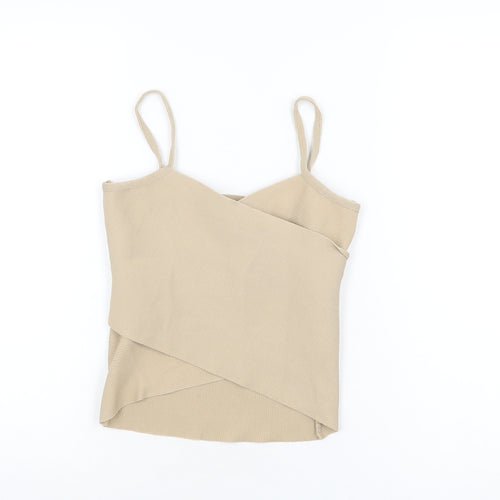 Mingle Womens Beige Polyester Basic T-Shirt Size L V-Neck