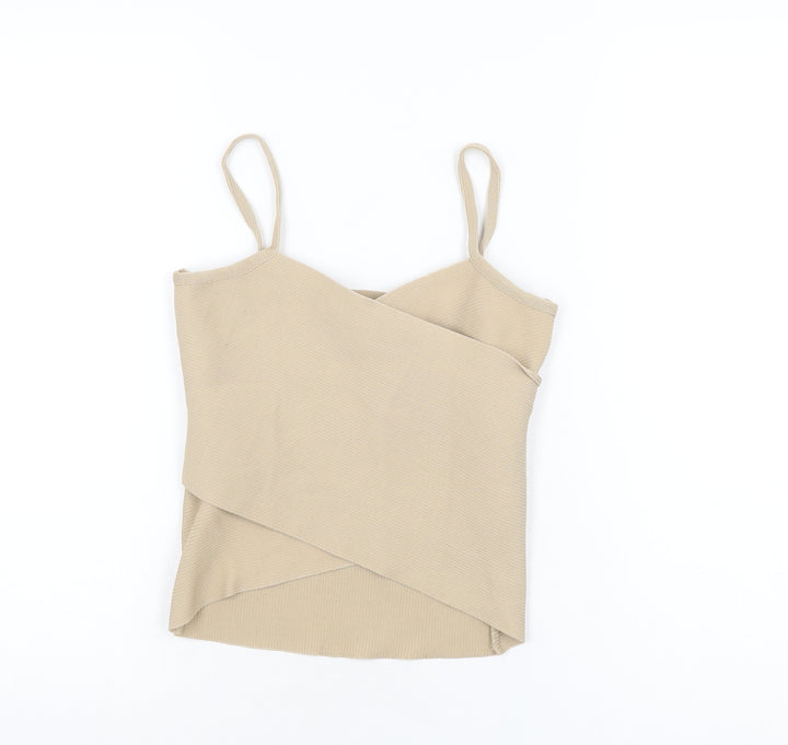 Mingle Womens Beige Polyester Basic T-Shirt Size L V-Neck