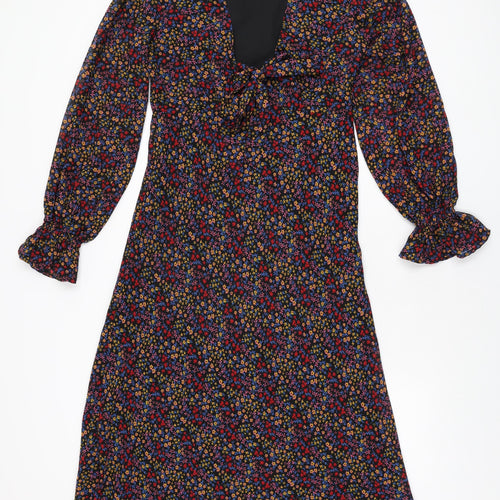 Influence Womens Black Floral Polyester A-Line Size 10 V-Neck Zip