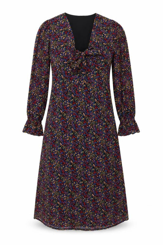 Front view of Influence women’s black floral polyester a-line, size UK 10, v-neck zip