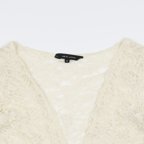 New Look Womens Ivory Floral Cotton Basic T-Shirt Size 8 V-Neck