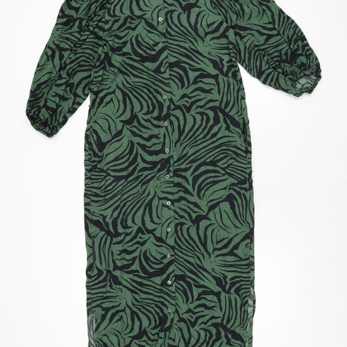 Marks and Spencer Womens Green Animal Print Viscose Shirt Dress Size 6 Collared Button