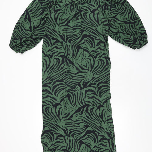 Marks and Spencer Womens Green Animal Print Viscose Shirt Dress Size 6 Collared Button