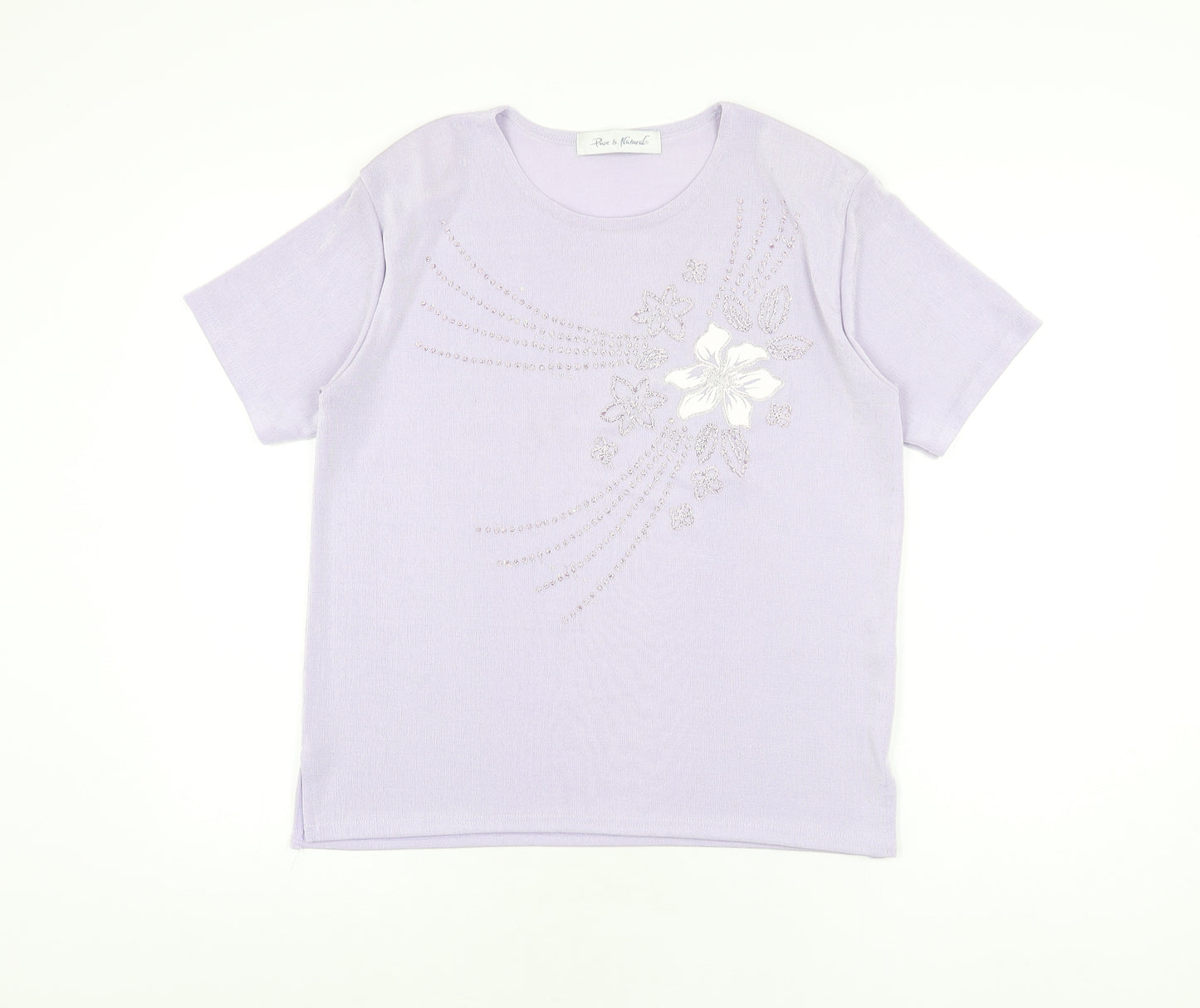 Pure & Natural Womens Purple Floral Polyester Basic T-Shirt Size 14 Round Neck