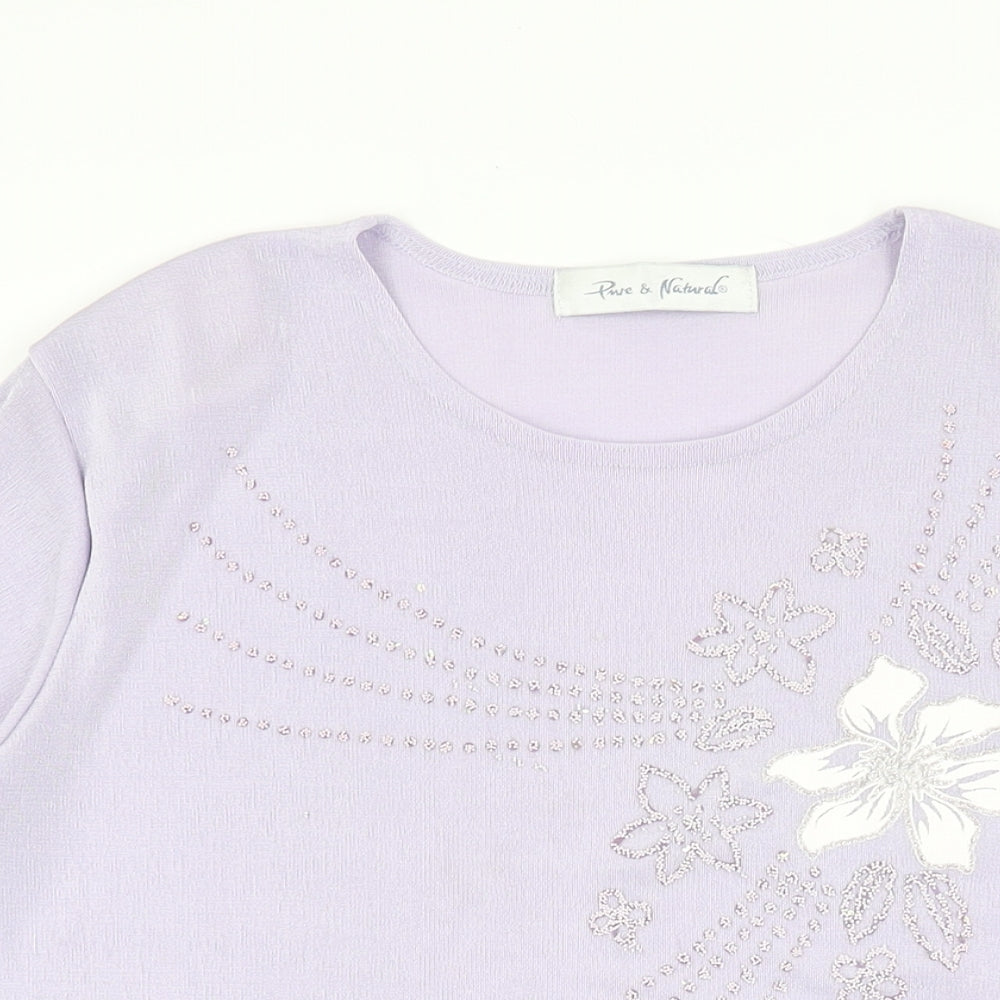 Pure & Natural Womens Purple Floral Polyester Basic T-Shirt Size 14 Round Neck