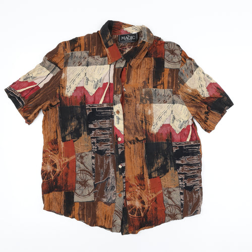 The Magic Collection Womens Brown Geometric Polyester Basic Button-Up Size 12 Collared