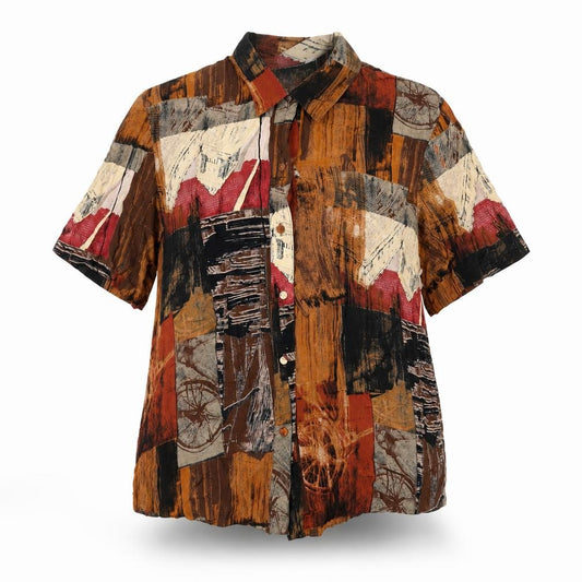 Front view of The Magic Collection women’s brown geometric polyester basic button-up, size UK 12, collared