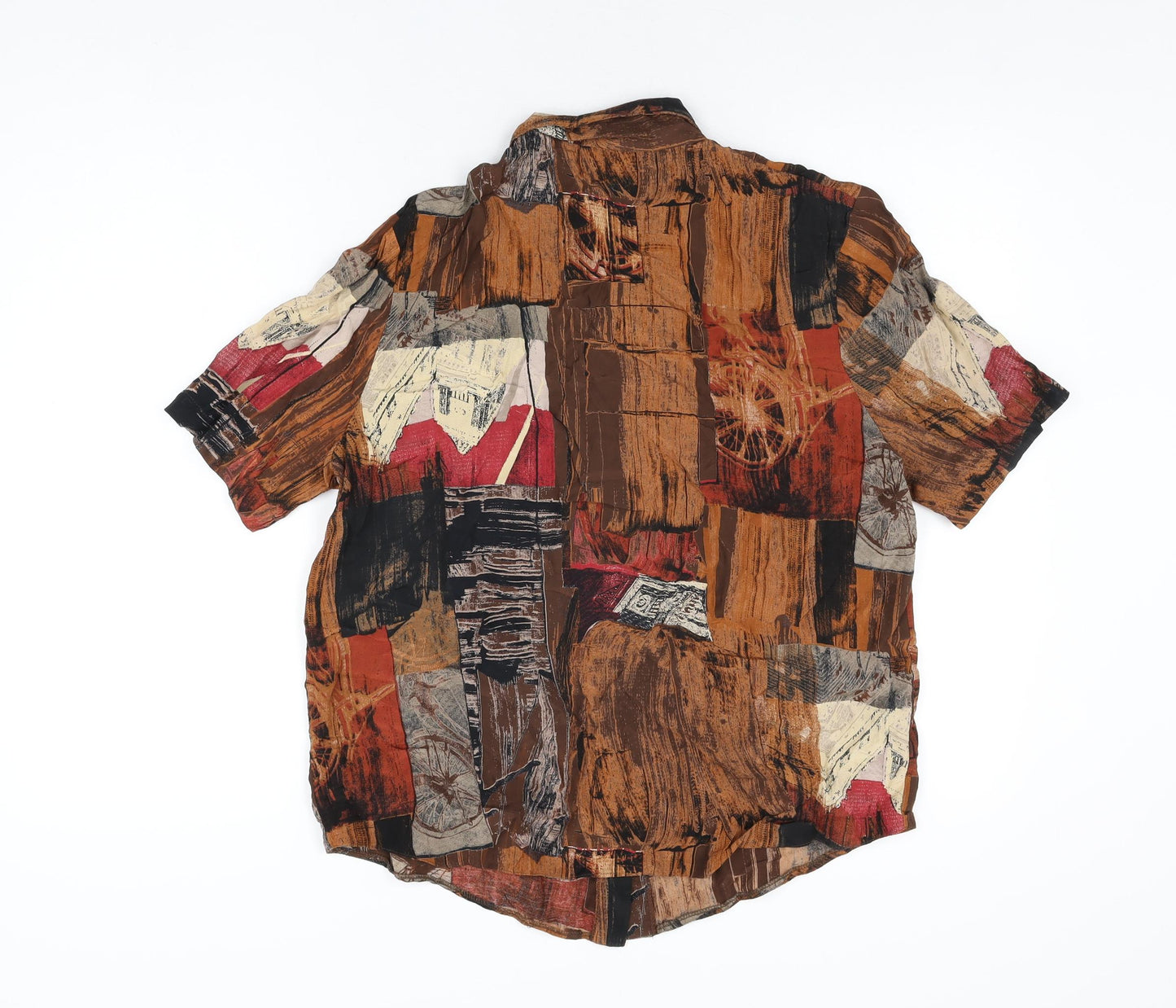 The Magic Collection Womens Brown Geometric Polyester Basic Button-Up Size 12 Collared
