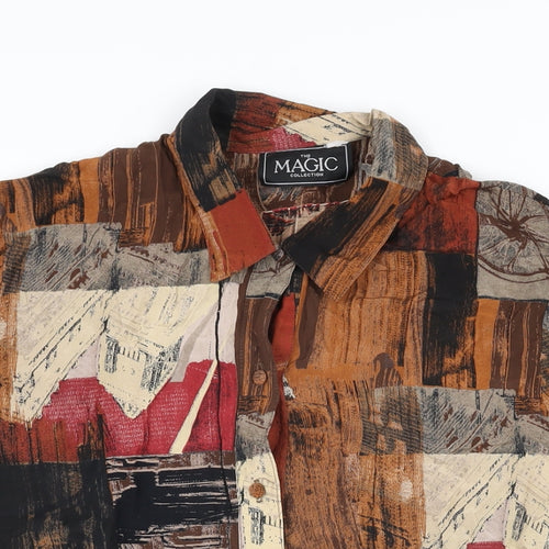 The Magic Collection Womens Brown Geometric Polyester Basic Button-Up Size 12 Collared