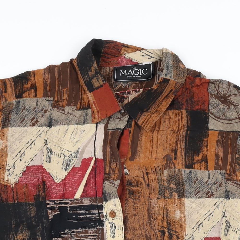 The Magic Collection Womens Brown Geometric Polyester Basic Button-Up Size 12 Collared