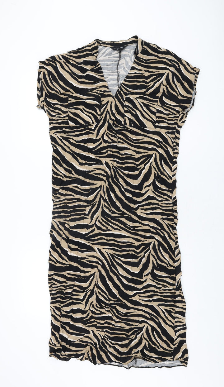 New Look Womens Beige Animal Print Viscose Shift Size 10 V-Neck Pullover