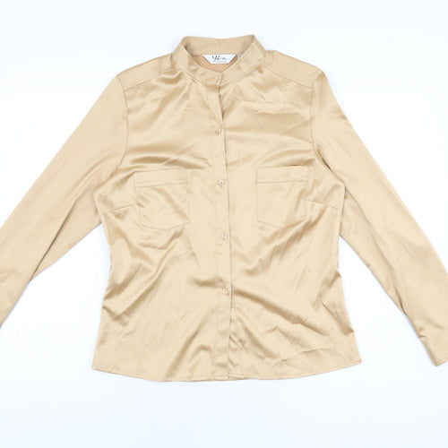 Yfn Collection Womens Gold Polyester Basic Button-Up Size 14 V-Neck