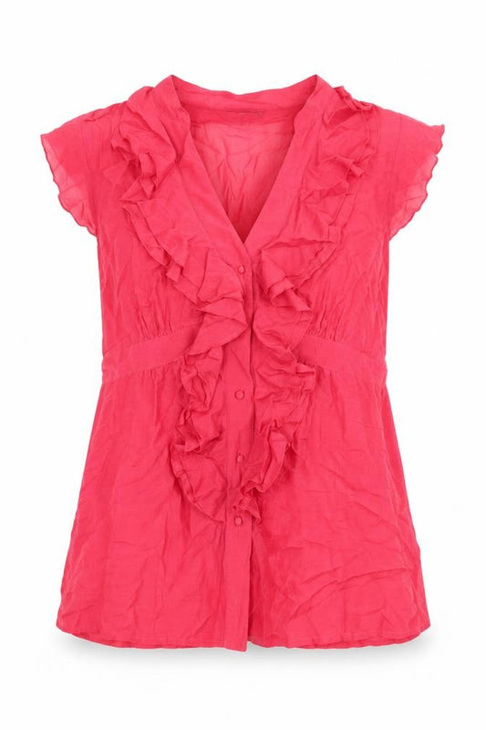Front view of Et Vous women’s pink polyester basic button-up, size UK 16, v-neck