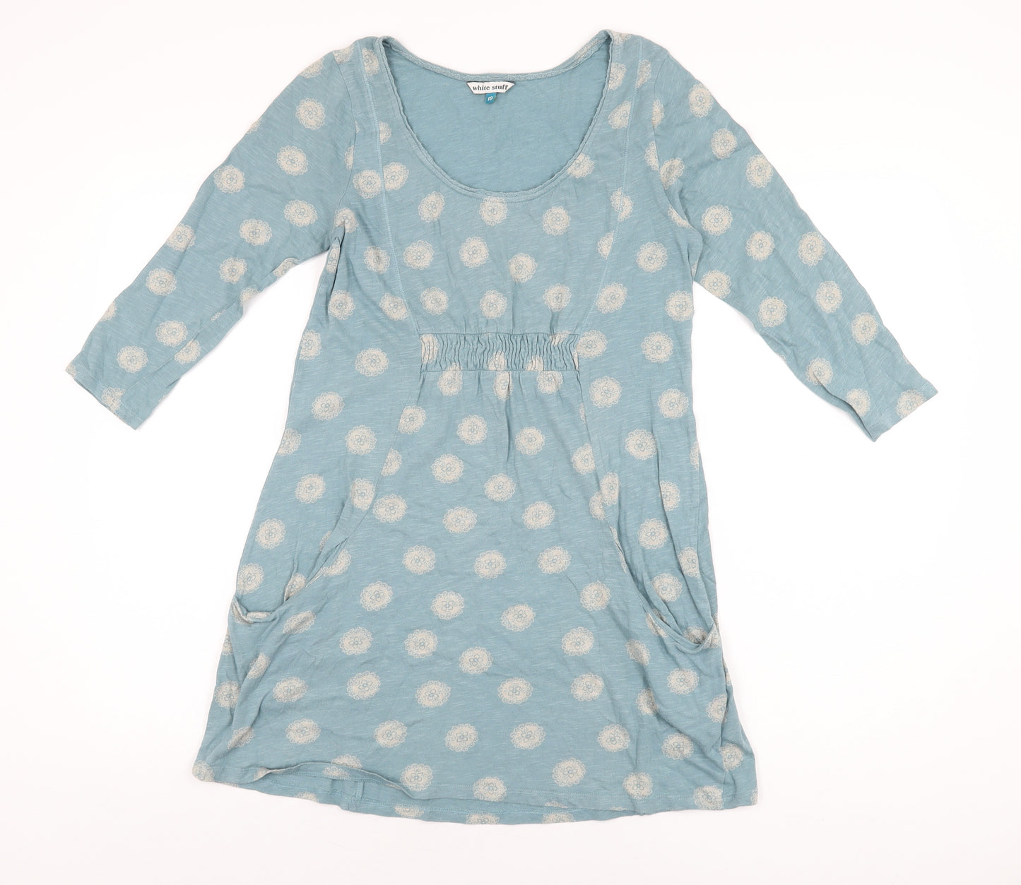 White Stuff Womens Blue Geometric Cotton Basic T-Shirt Size 10 Scoop Neck