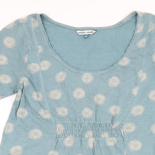 White Stuff Womens Blue Geometric Cotton Basic T-Shirt Size 10 Scoop Neck