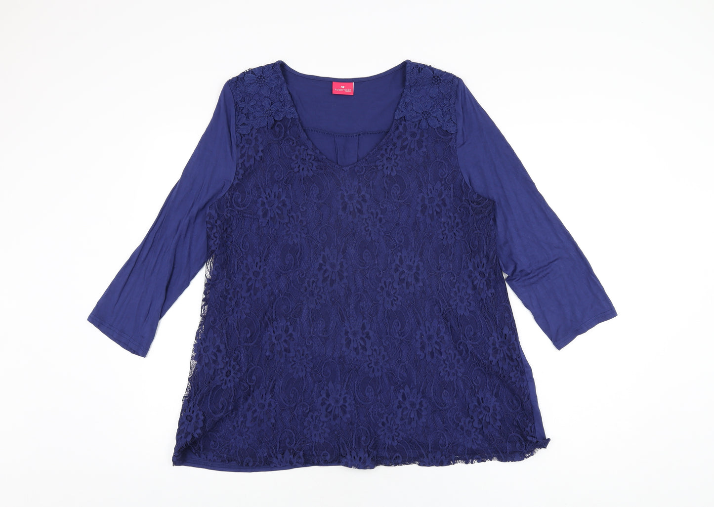 Together Womens Blue Polyamide Basic T-Shirt Size L V-Neck