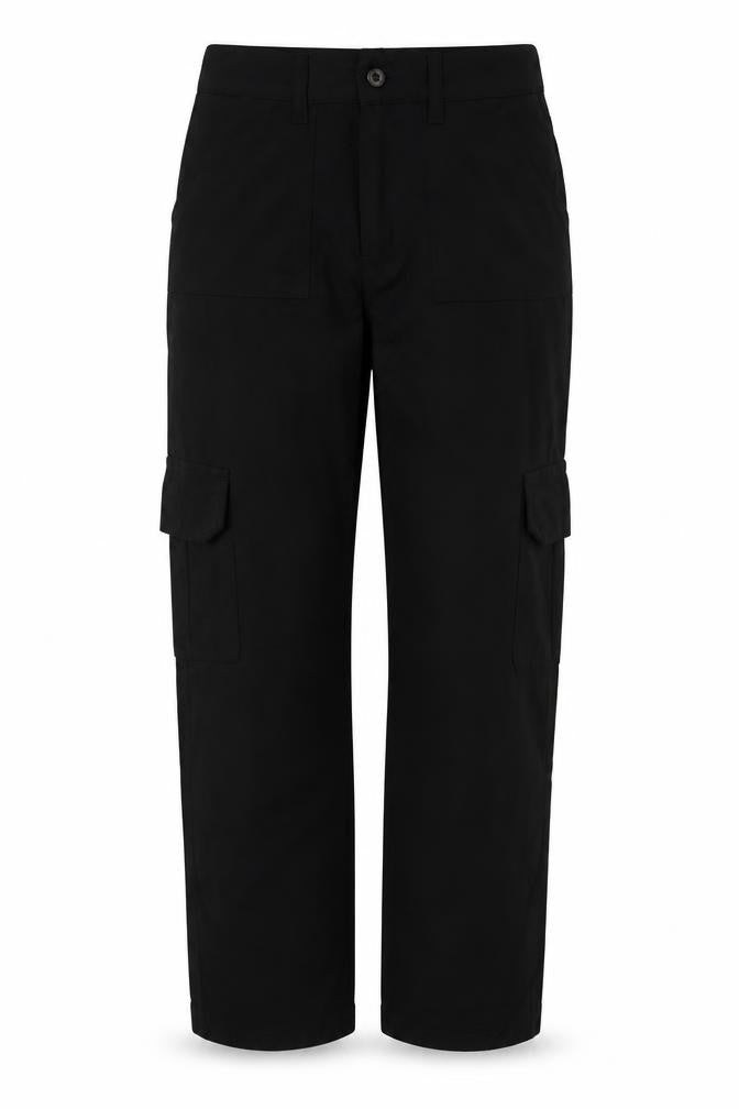 Front view of Boohoo women’s black cotton cargo trousers, size UK 4, 28-inch leg regular button