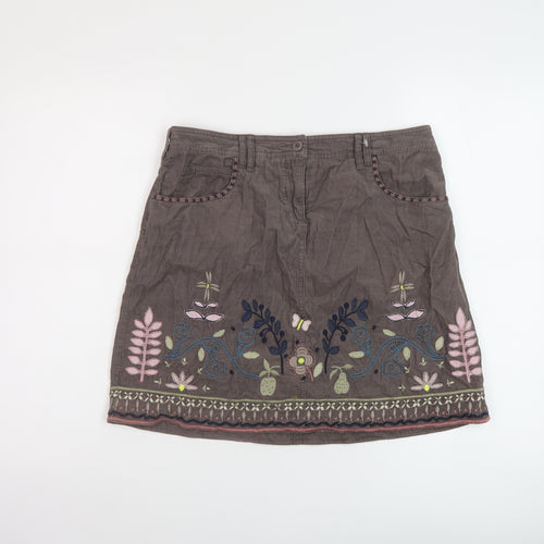 White Stuff Womens Brown Floral Cotton A-Line Skirt Size 10 Button