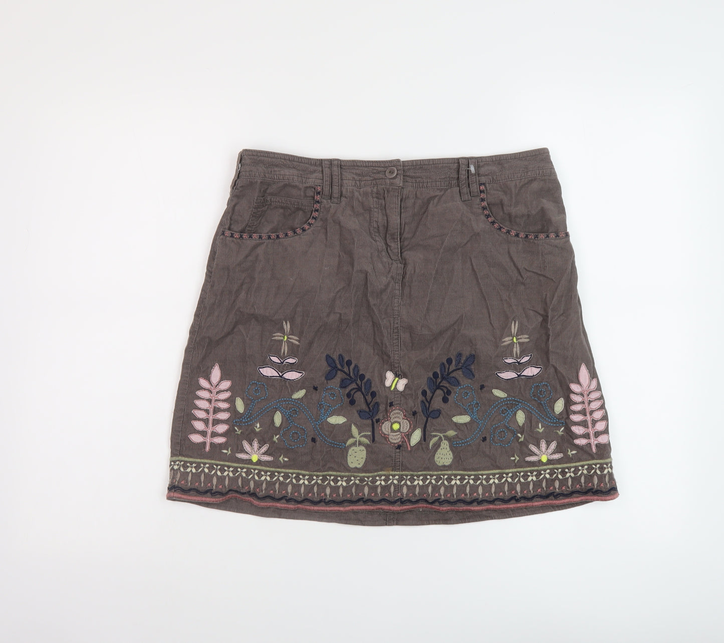 White Stuff Womens Brown Floral Cotton A-Line Skirt Size 10 Button