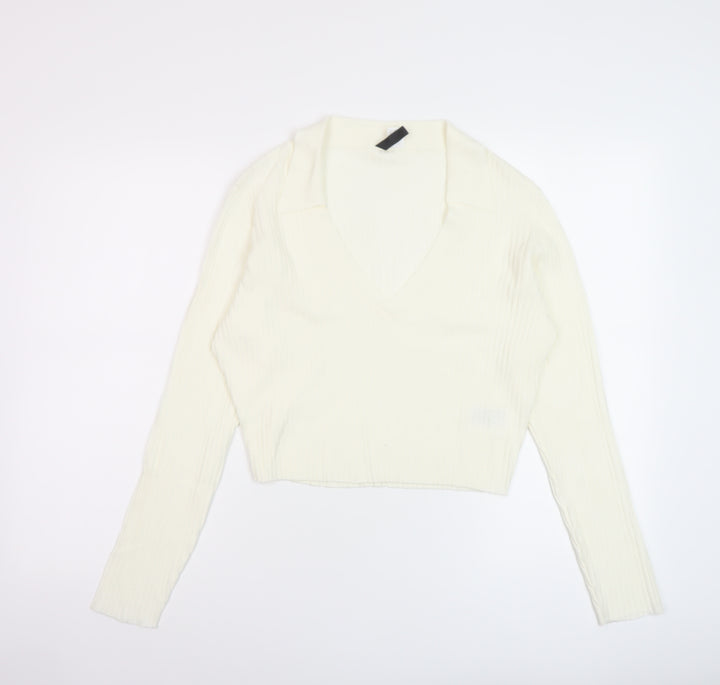 H&M Womens Ivory V-Neck Viscose Pullover Jumper Size L