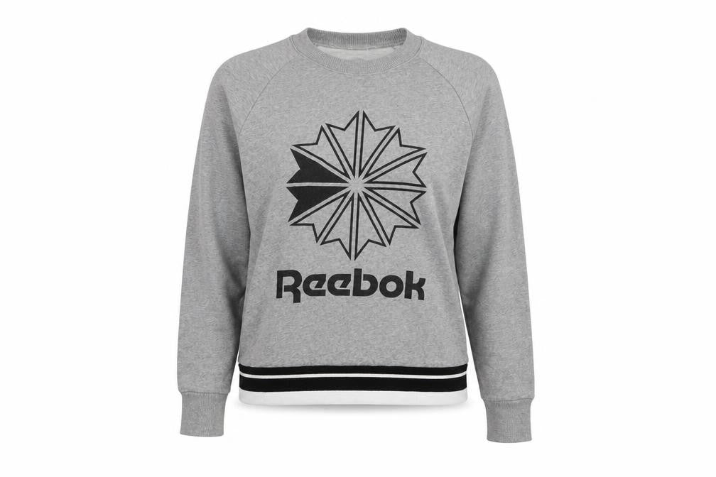 Front view of Reebok women’s grey cotton pullover sweatshirt, size M, pullover