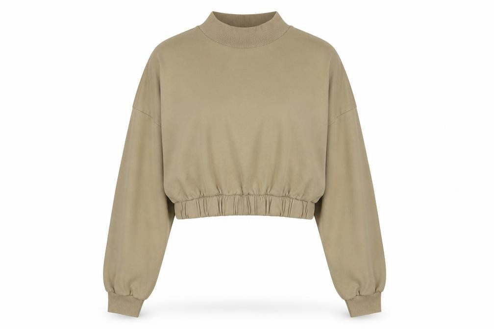 Front view of Bershka women’s beige cotton pullover sweatshirt, size M, pullover