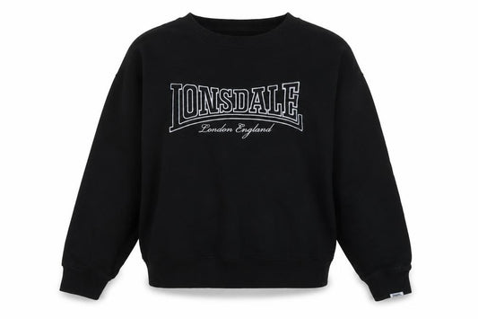 Front view of Lonsdale women’s black polyester pullover sweatshirt, size UK 14, pullover