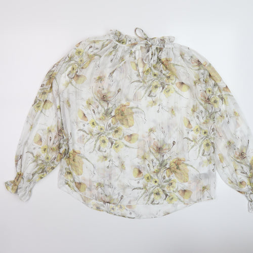 H7&M Womens White Floral Polyester Basic Blouse Size 6 Mock Neck
