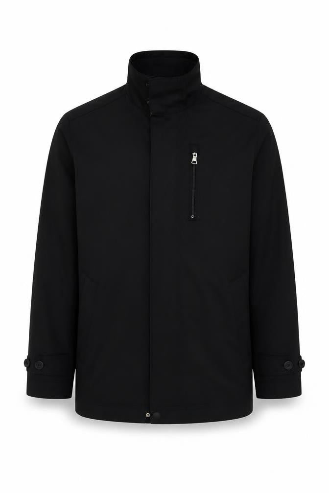 Front view of Marks & Spencer men’s black jacket, size S, zip