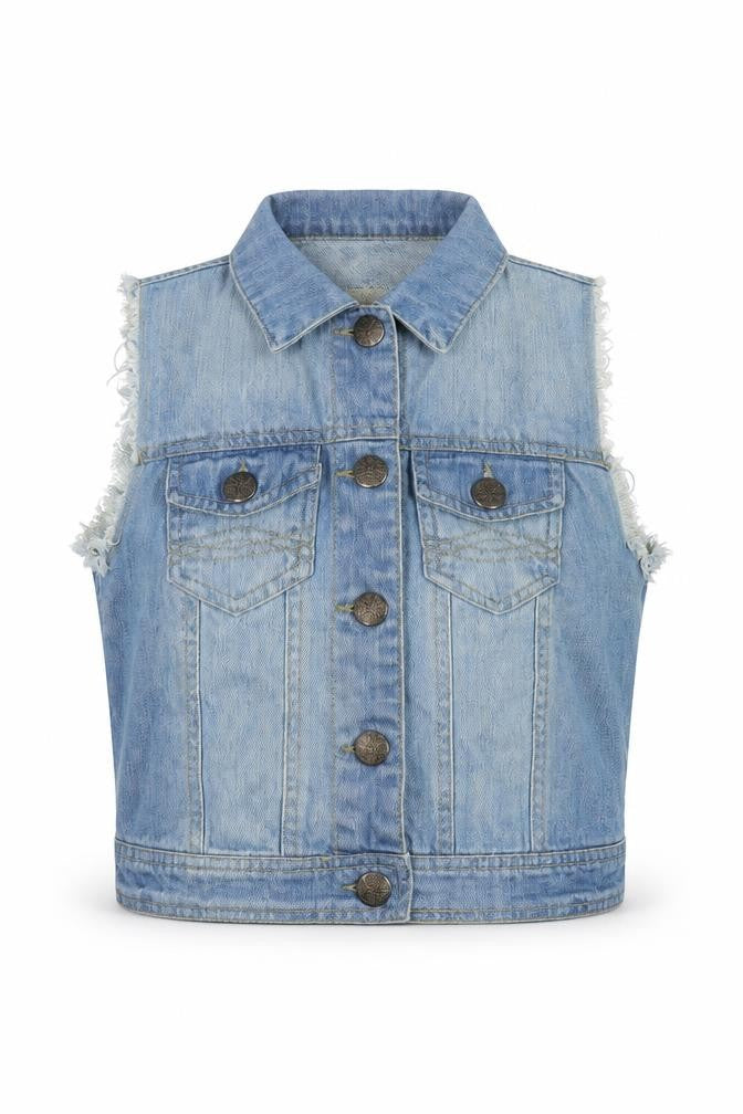 Front view of Denim & Co. women’s blue gilet jacket, size UK 8, button