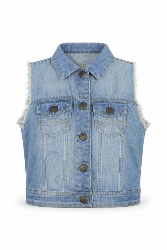 Front view of Denim & Co. women’s blue gilet jacket, size UK 8, button