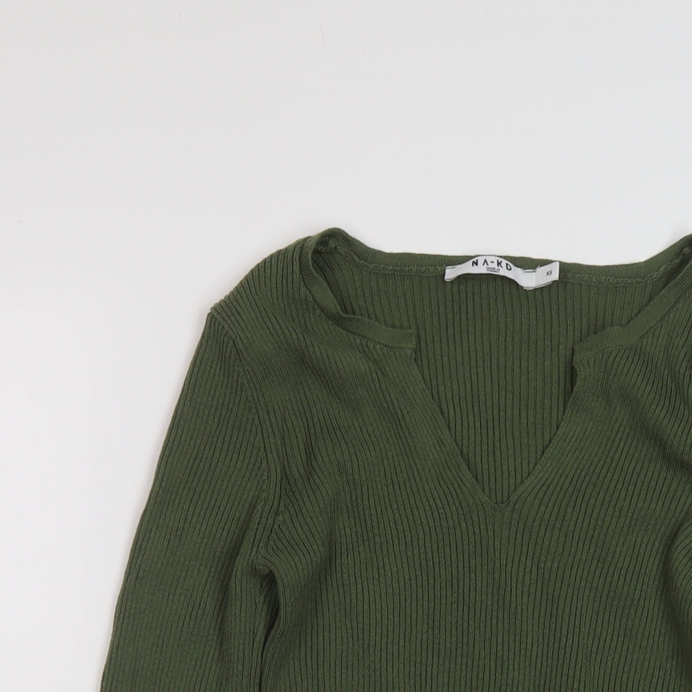 NA-KD Womens Green V-Neck Acrylic Pullover Jumper Size XS