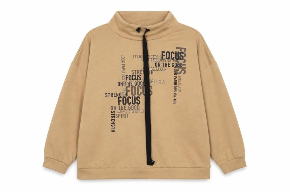 Front view of Rick Cardona women’s beige modal pullover sweatshirt, size UK 22, pullover