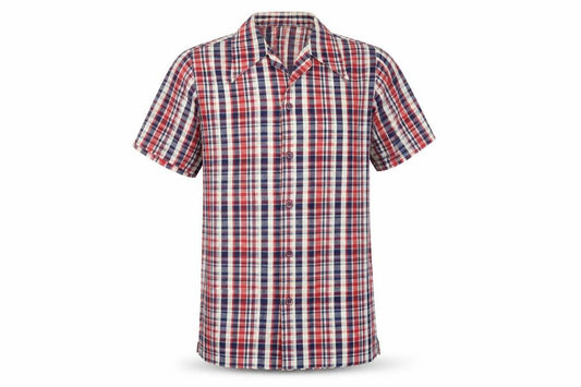 Front view of Horrds men’s multicoloured plaid cotton button-up, size M, collared button
