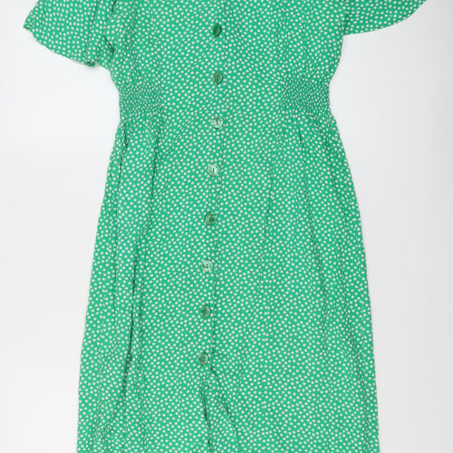 New Look Womens Green Geometric Viscose A-Line Size 10 V-Neck Button
