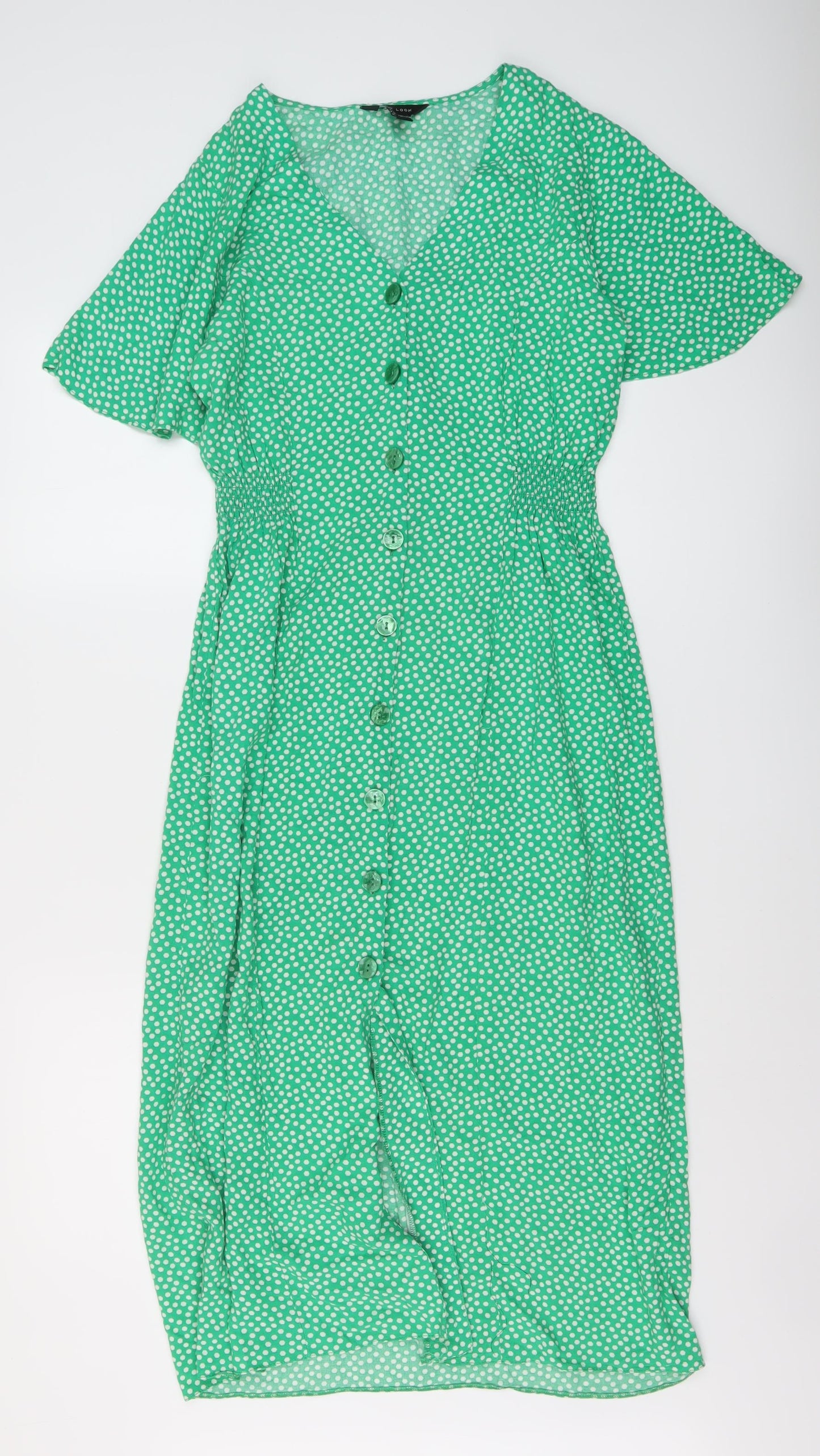 New Look Womens Green Geometric Viscose A-Line Size 10 V-Neck Button