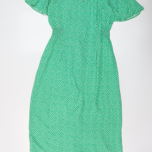New Look Womens Green Geometric Viscose A-Line Size 10 V-Neck Button
