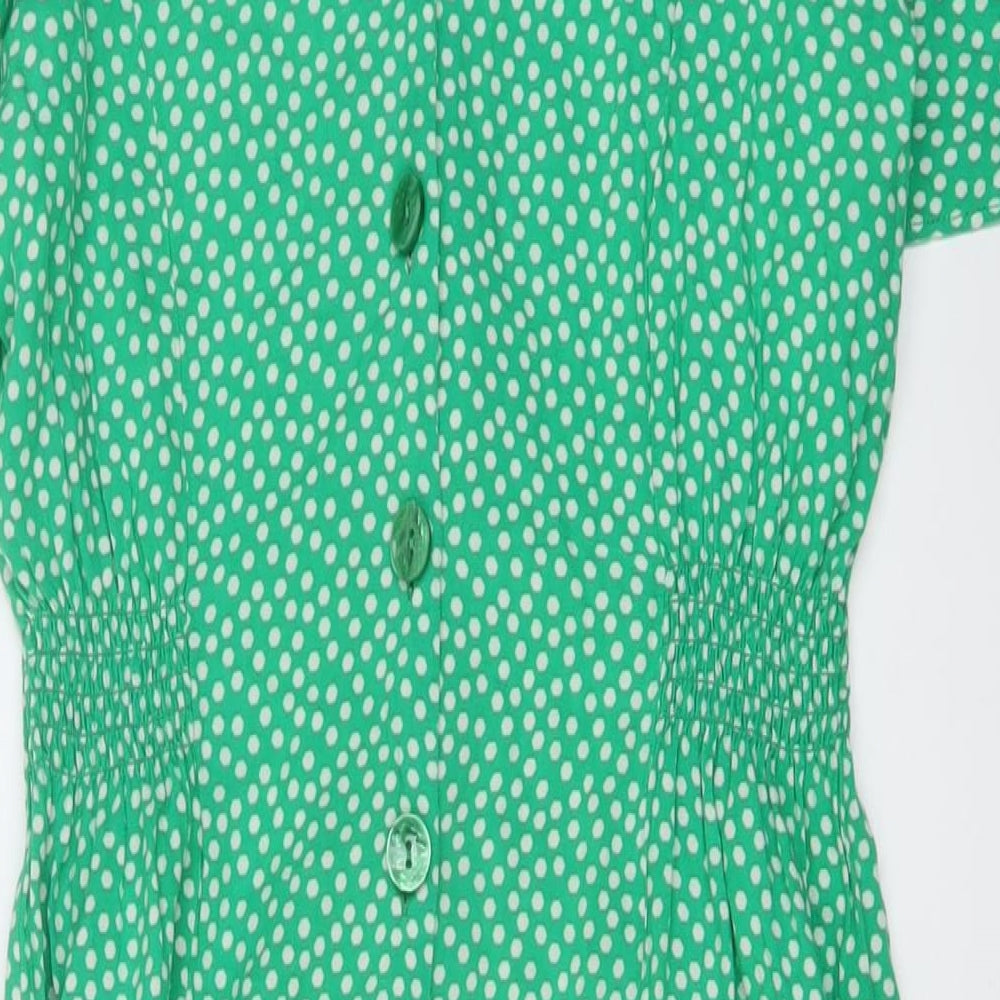 New Look Womens Green Geometric Viscose A-Line Size 10 V-Neck Button