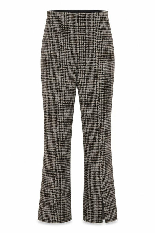 Front view of H&M women’s brown geometric polyester trousers, size S, 29-inch leg regular