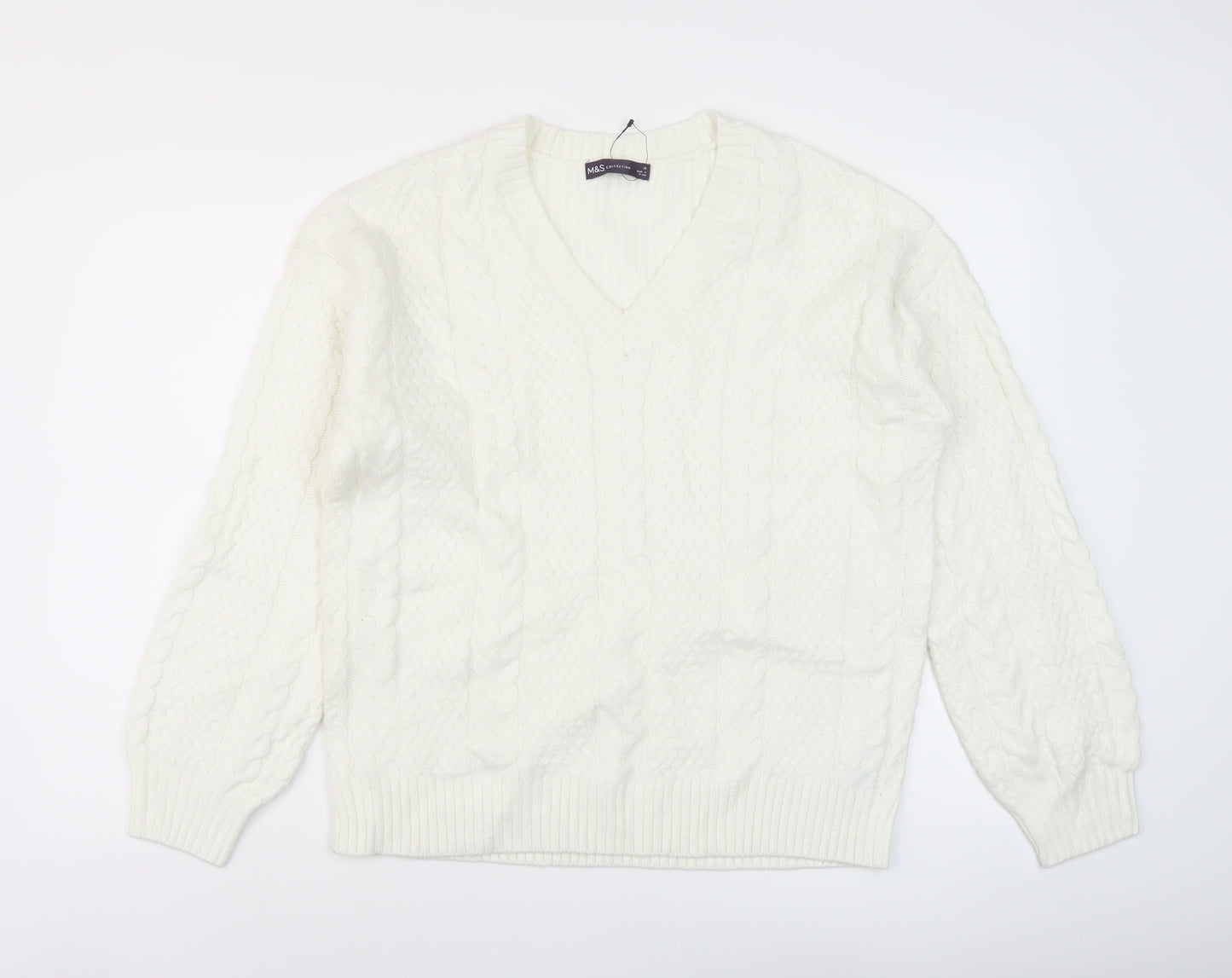 Marks and Spencer Womens Ivory V-Neck Polyester Pullover Jumper Size M