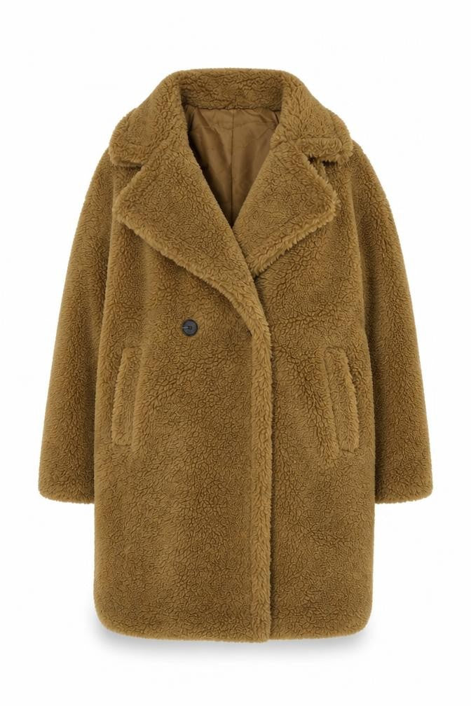 Front view of Boohoo women’s brown overcoat coat, size UK 6, button