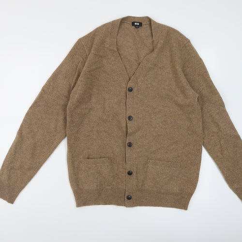 Uniqlo Mens Brown V-Neck Wool Cardigan Jumper Size M Long Sleeve