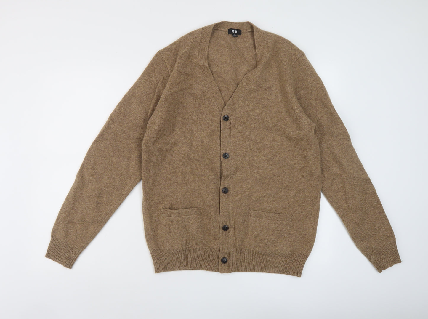 Uniqlo Mens Brown V-Neck Wool Cardigan Jumper Size M Long Sleeve
