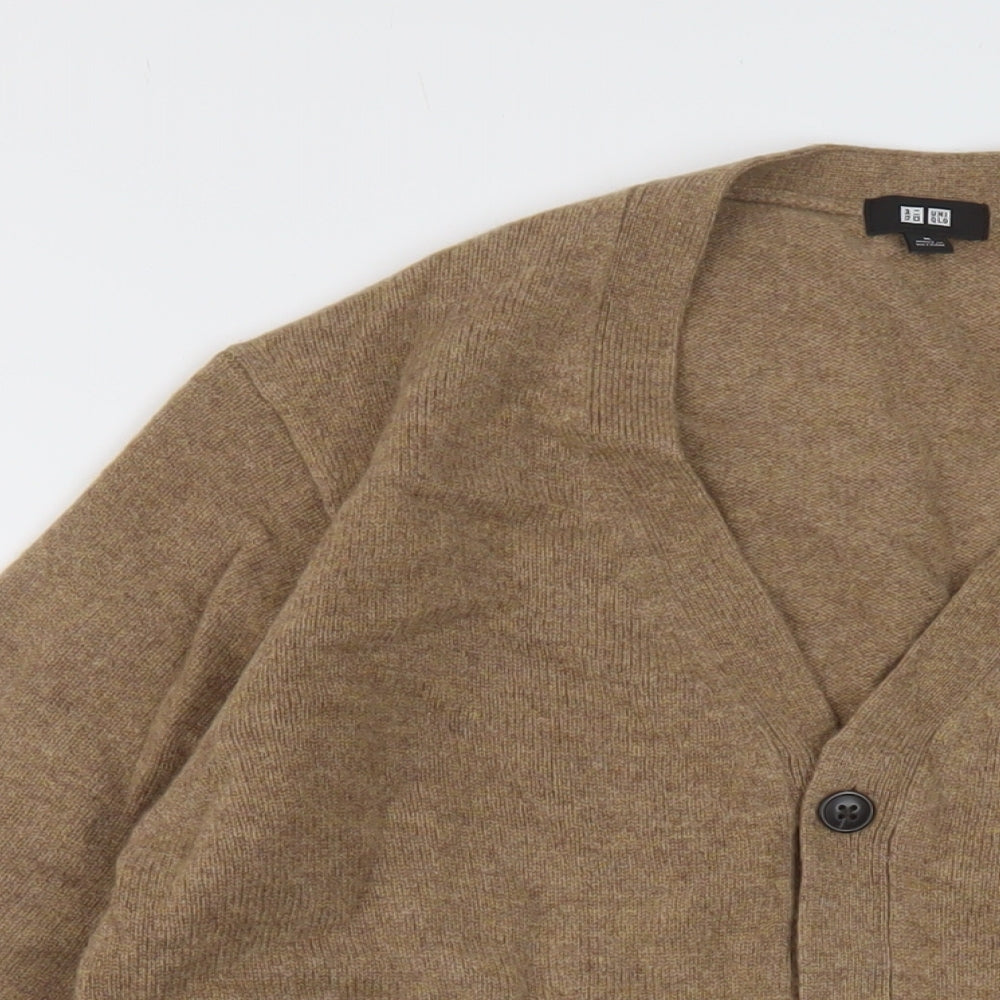 Uniqlo Mens Brown V-Neck Wool Cardigan Jumper Size M Long Sleeve