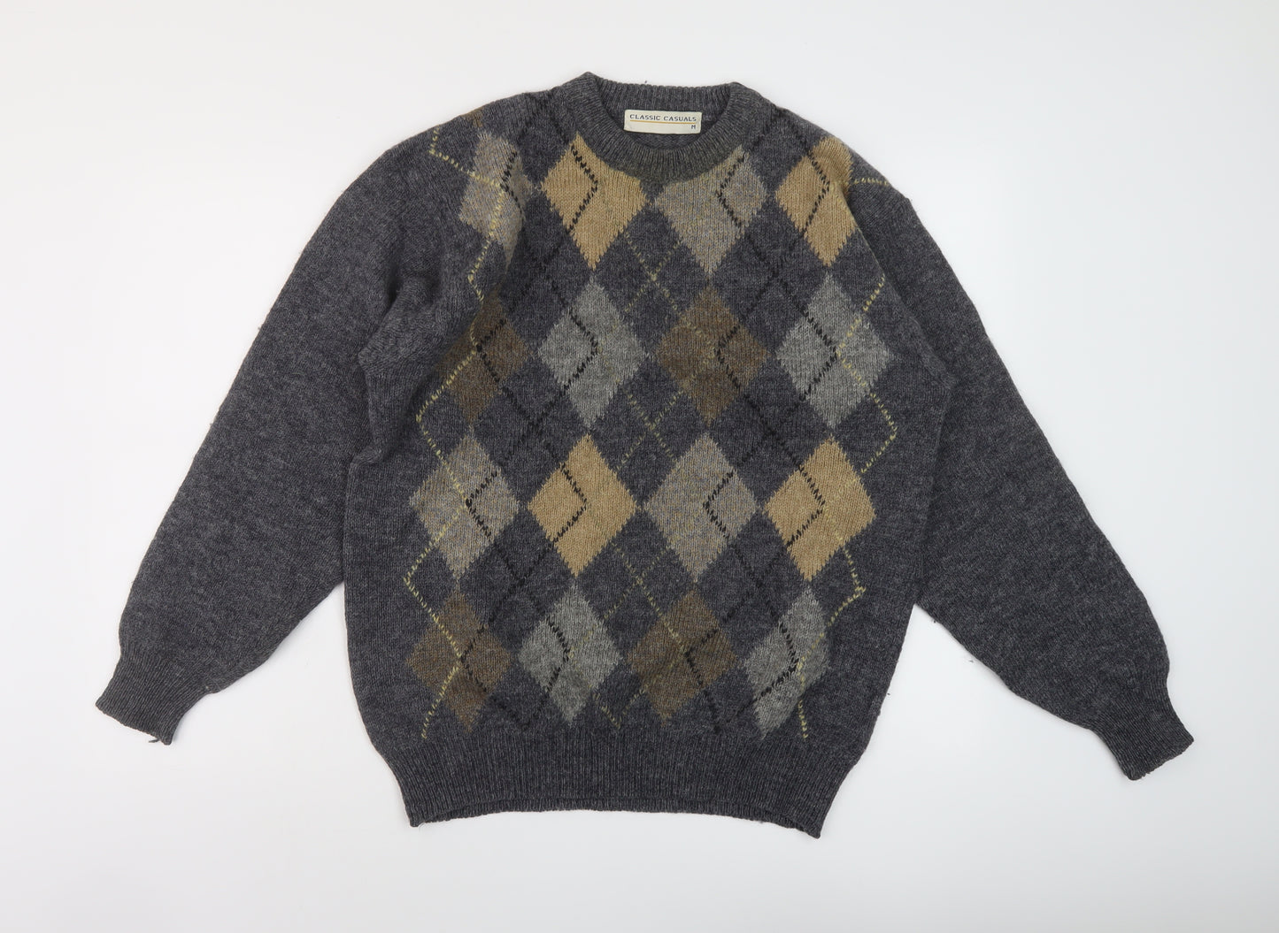 Classic Casuals Mens Grey V-Neck Argyle/Diamond Wool Pullover Jumper Size M Long Sleeve
