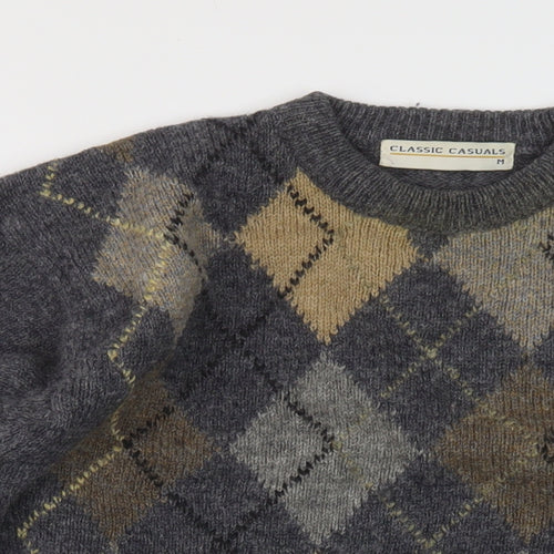 Classic Casuals Mens Grey V-Neck Argyle/Diamond Wool Pullover Jumper Size M Long Sleeve