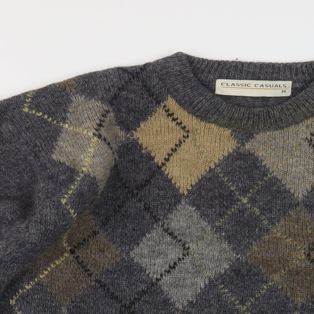 Classic Casuals Mens Grey V-Neck Argyle/Diamond Wool Pullover Jumper Size M Long Sleeve
