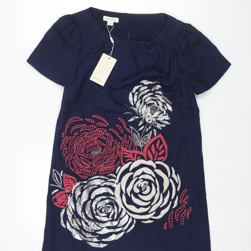 Monsoon Womens Blue Polyester Shift Size 12 Round Neck Button - Floral Embroidery Sequin Print