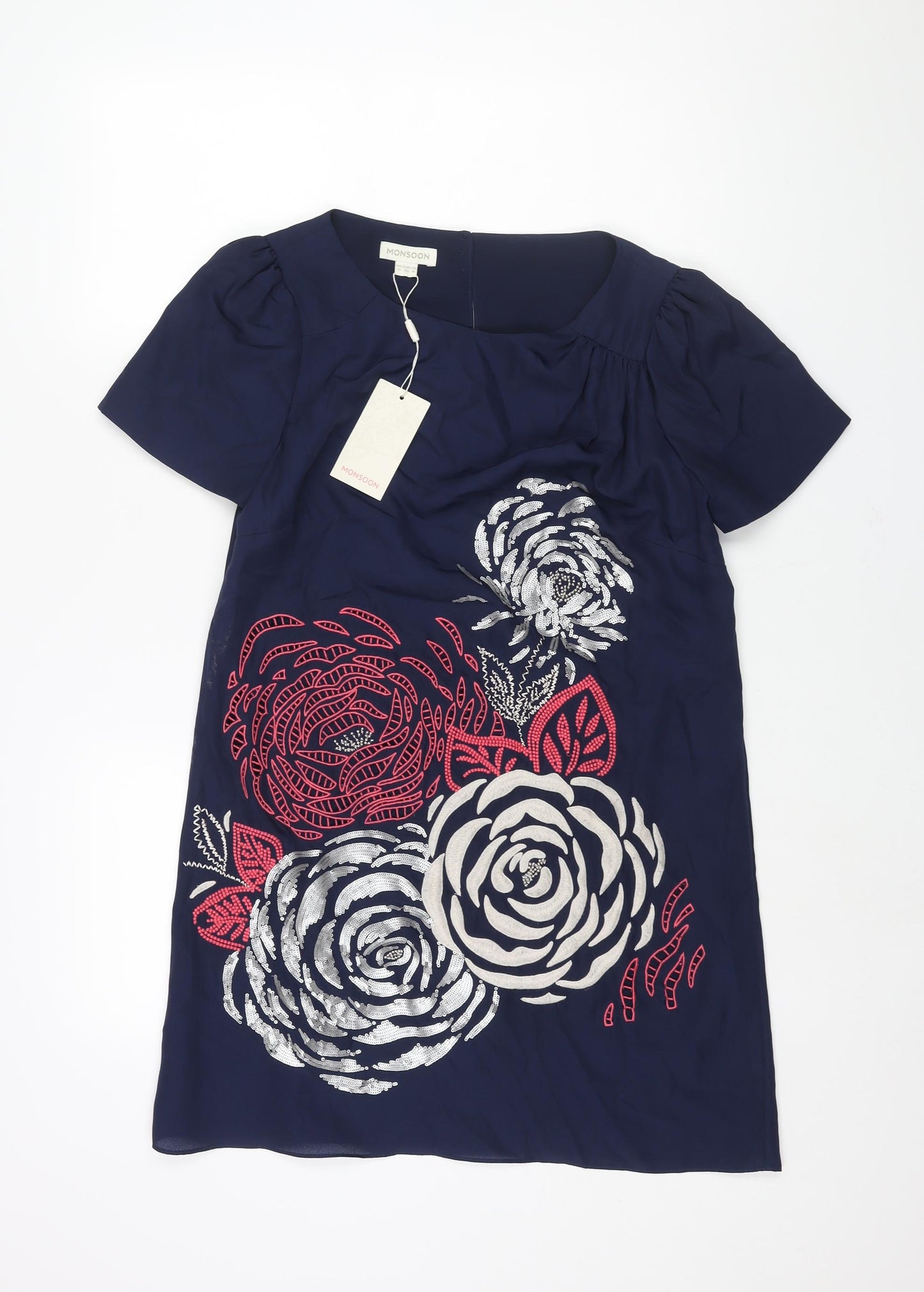 Monsoon Womens Blue Polyester Shift Size 12 Round Neck Button - Floral Embroidery Sequin Print