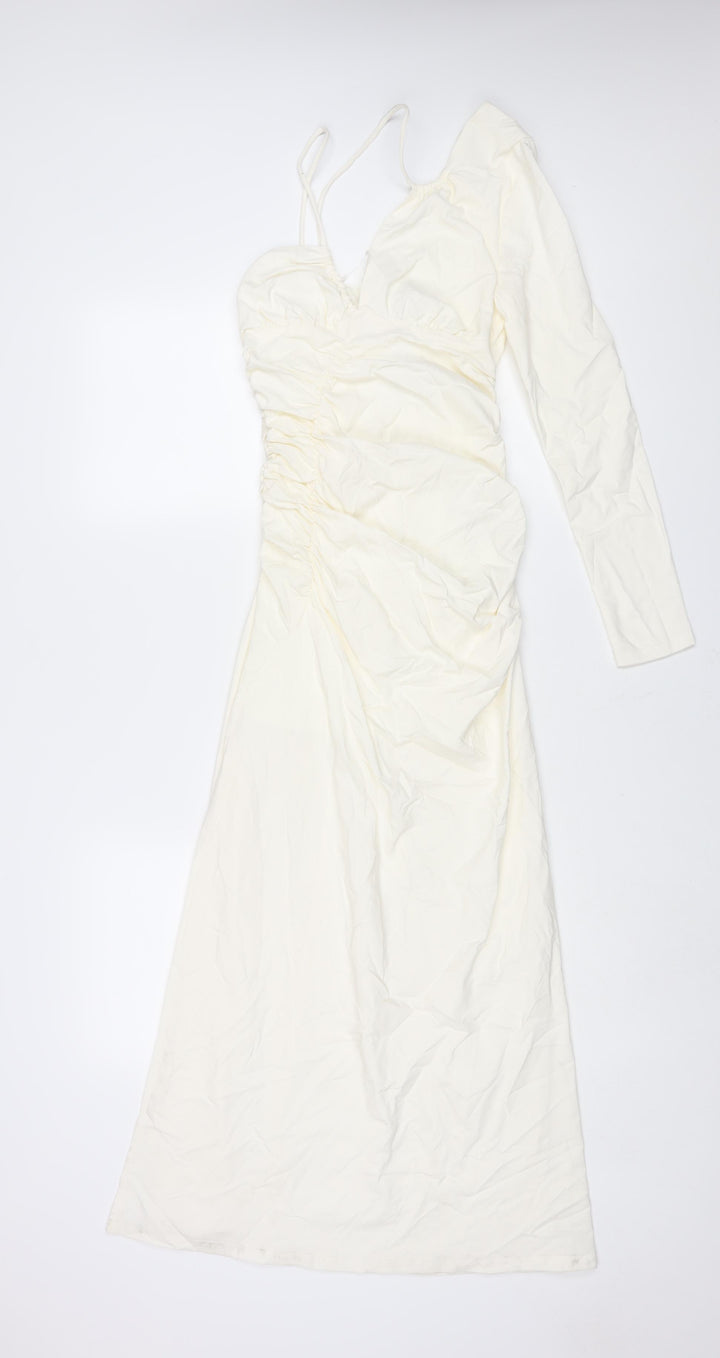 Stradivarius Womens Ivory Polyester Maxi Size S One Shoulder Zip - Rouched Drawstring Strap Detail